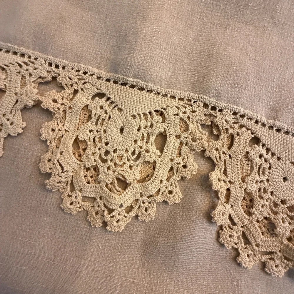 Vintage Linen Table Runner with Handmade Crochet Lace Trim Beige 52 Inch